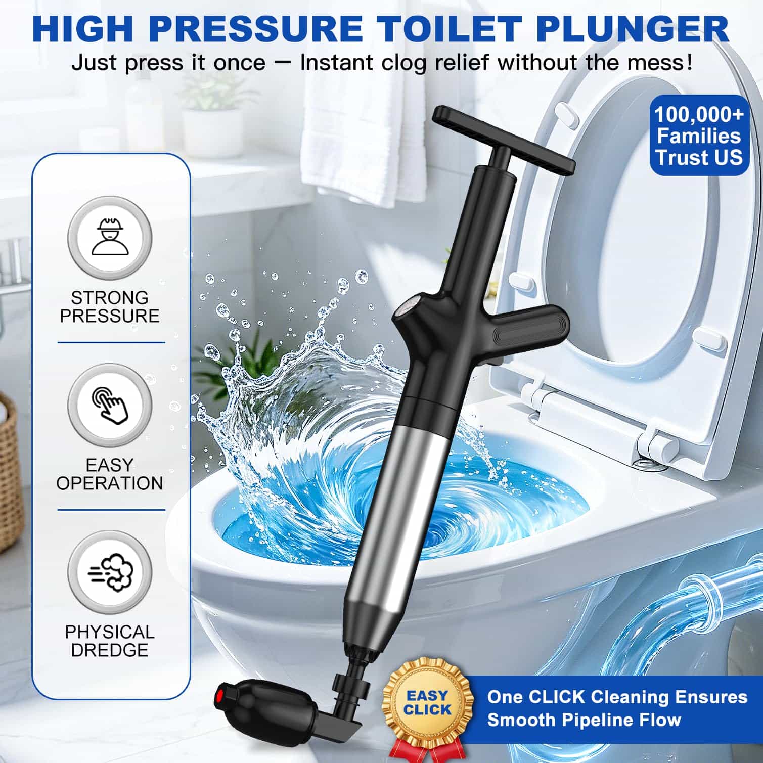 Plunger Toilet - Toiletten-Spülsystem, Hochdruck-Toiletten-Spülgerät, Multifunktionaler Entstopfer für Toiletten,