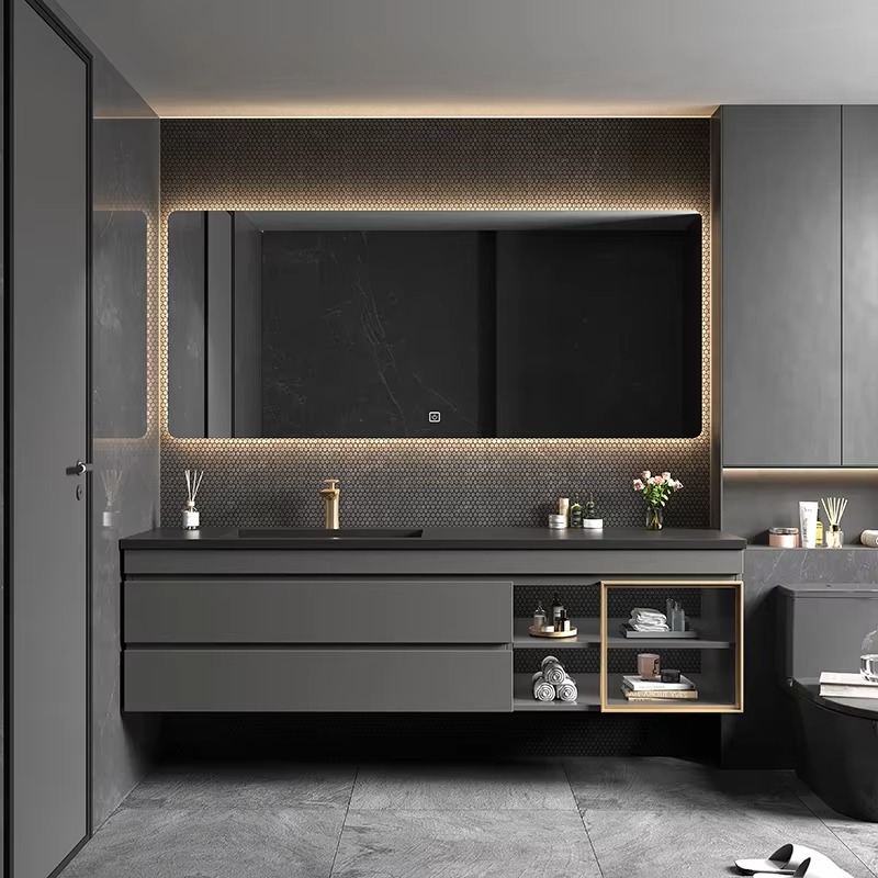 Home Bathroom Vanity Combo - Klassischer nordischer Badezimmerschrank mit Spiegel, Schwarz,